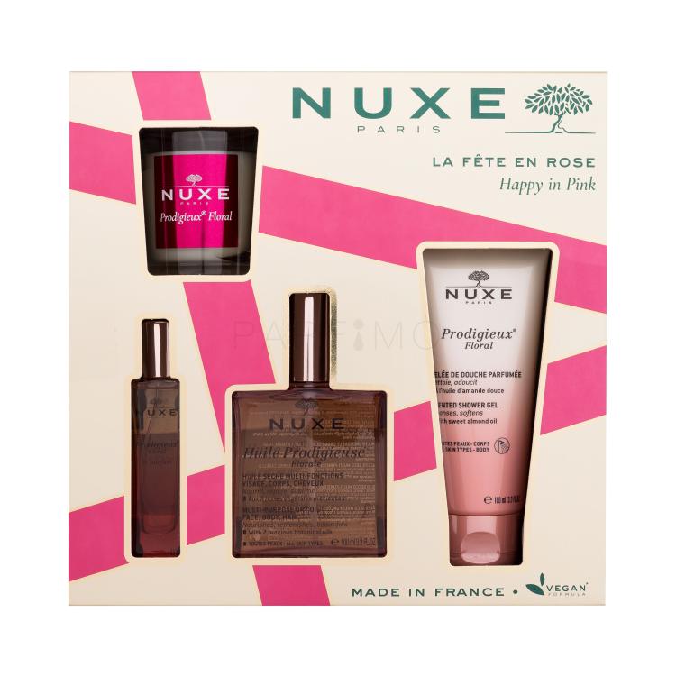 NUXE Happy In Pink Geschenkset Trockenöl Huile Prodigieuse Florale 100 ml + Duschgel Prodigieux Floral 100 ml + Eau de Parfum Prodigieux Floral 15 ml + Duftkerze Prodigieux Floral 70 g